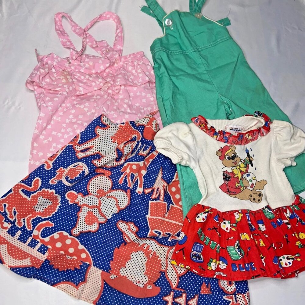 Lot (4) Vtg Baby Girl Clothing cotton Rompers Dresses 70s 80s Circus Bears Retro